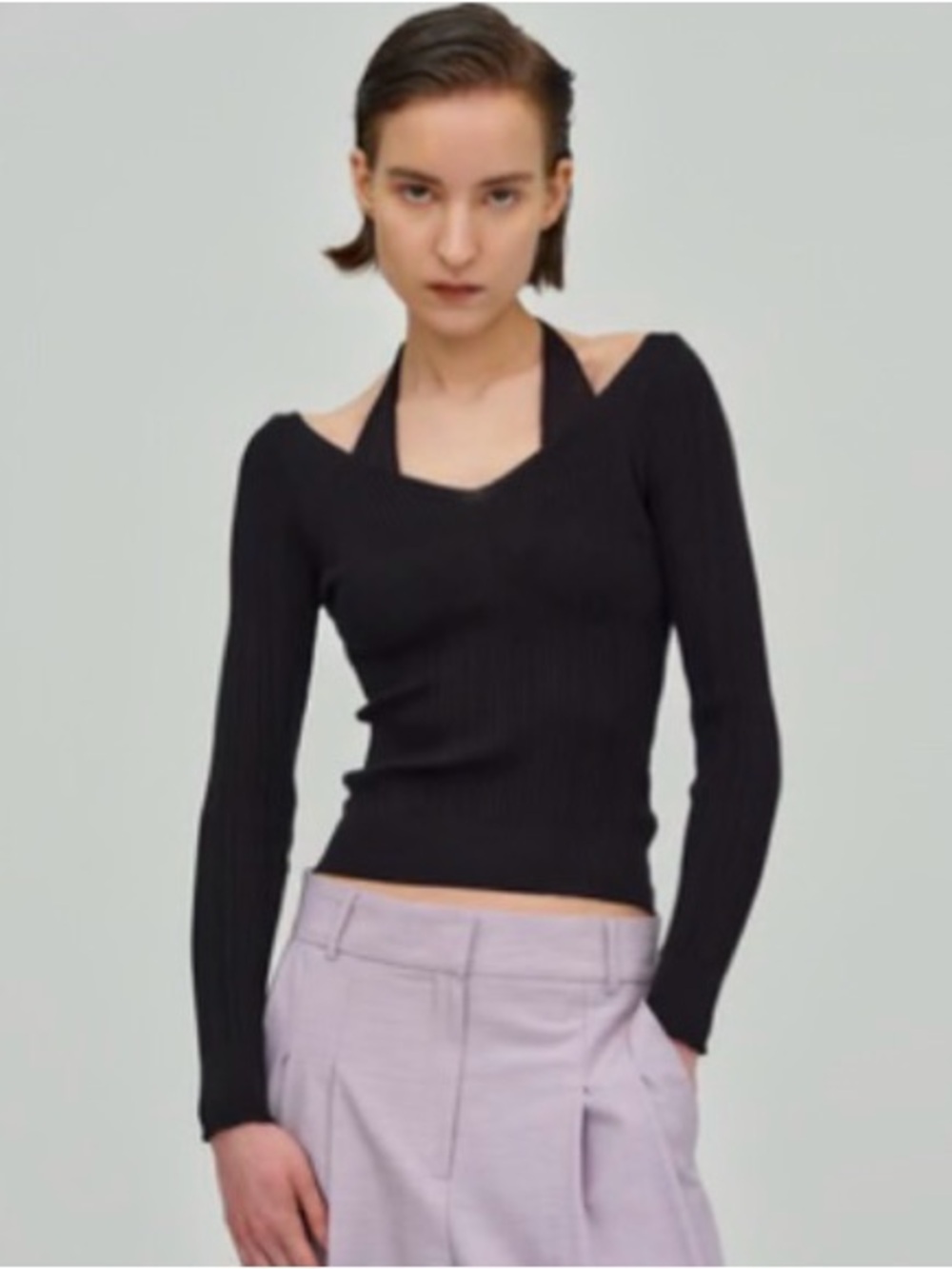SOURCE UNKNOWN- Black Ribbed V-Neck Long Sleeve Top